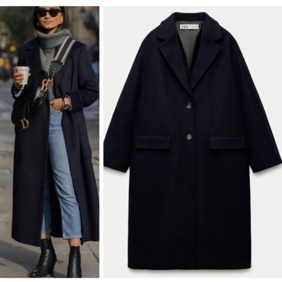 New Zara ZW Collection Oversized Wool Blend Navy Coat XS-S NWT - Picture 3 of 9
